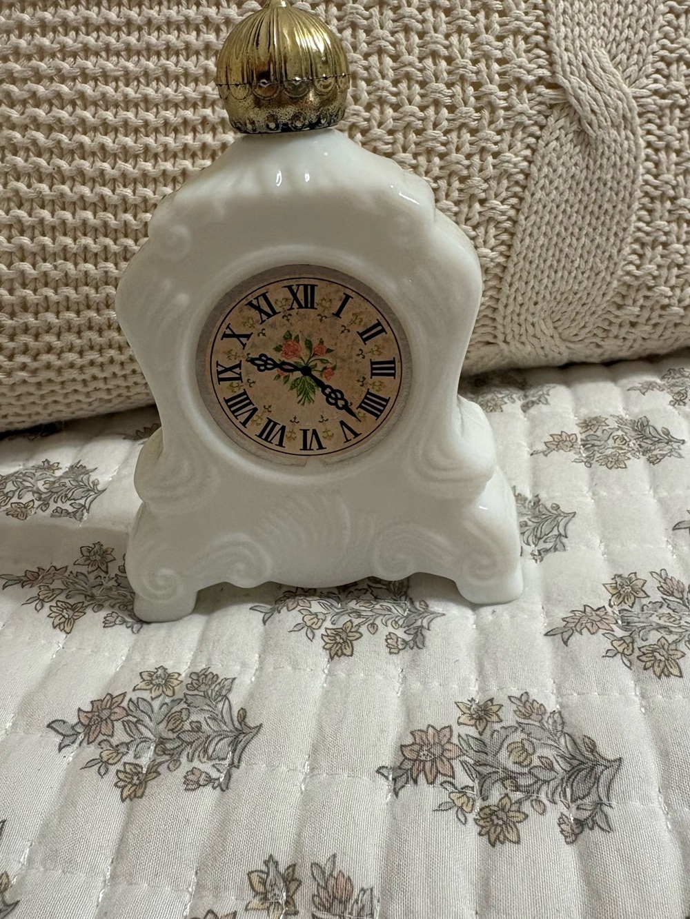 Vintage Brocade Foaming Bath Oil Milk Glass Clock Bottle Vanity Decor 5” Rare